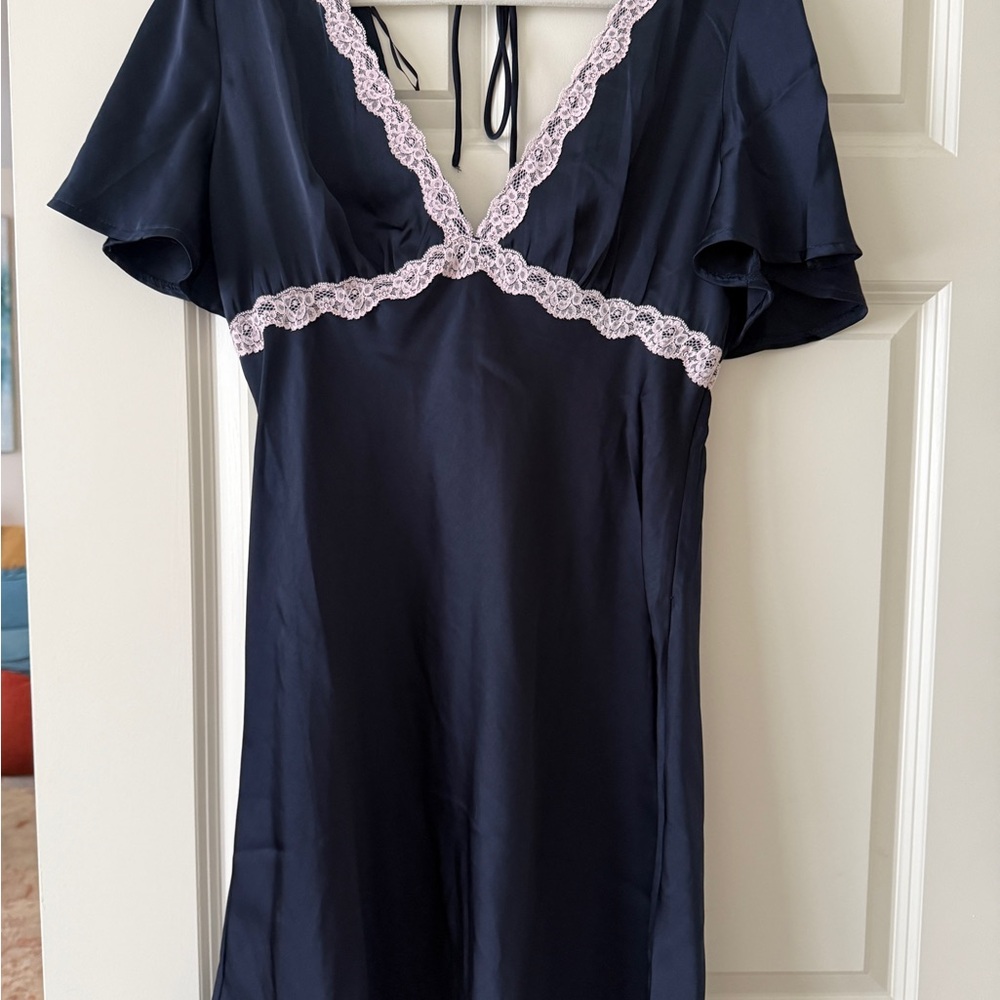Silky Navy Mini Dress with Lace Trim